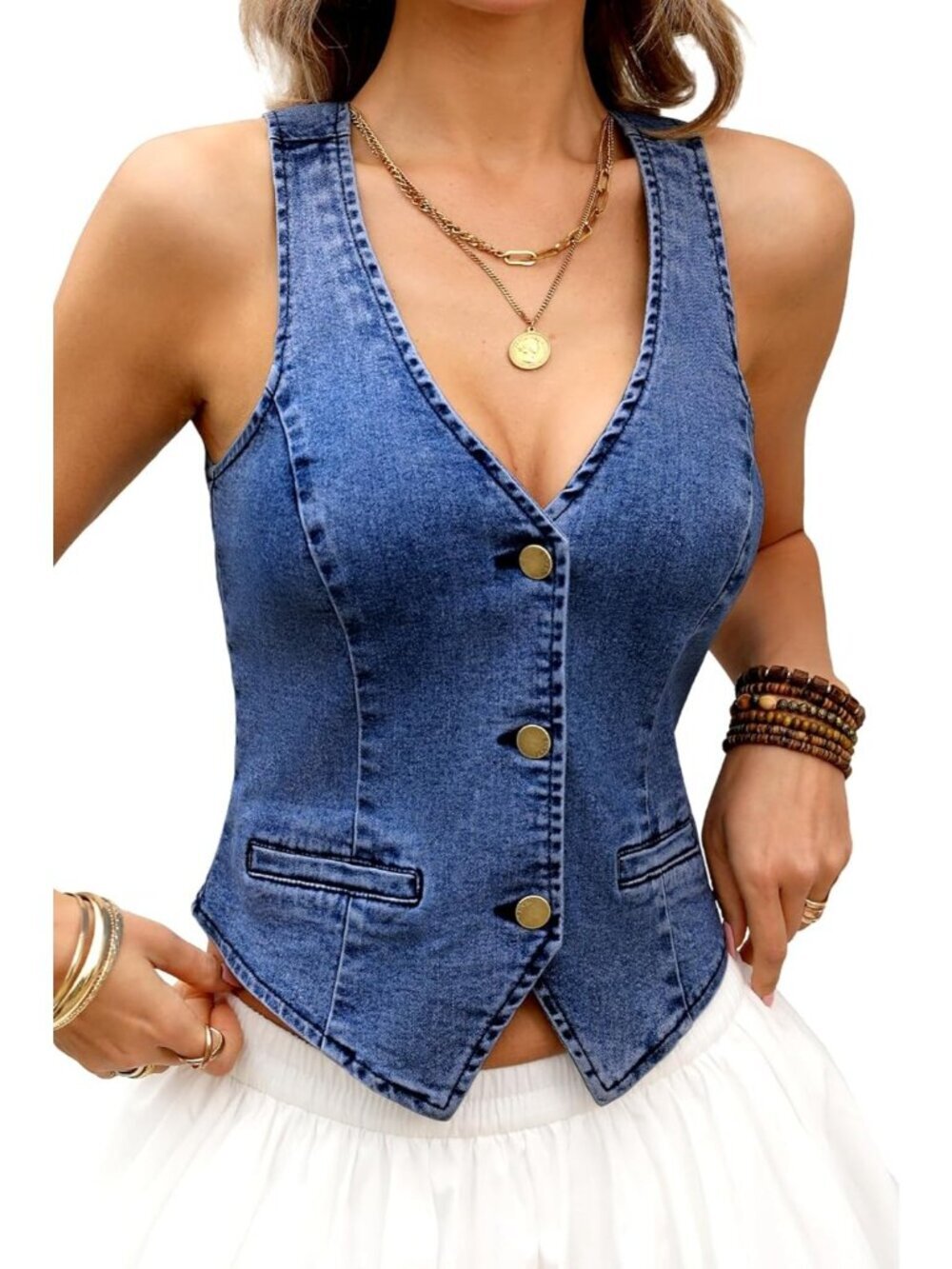 Women's Dark Blue Denim V Neck Cropped Denim Vest Jean With Faux Pockets